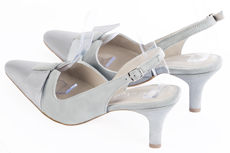 Light silver and pearl grey women's open back shoes, with a knot. Tapered toe. High slim heel. Rear view - Florence KOOIJMAN